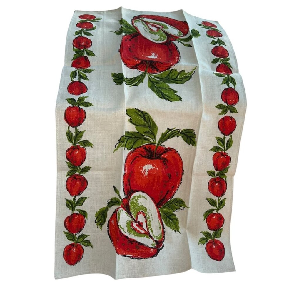 Vintage LINEN NEW red apple pieces tea dish towel